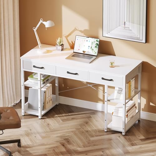 Casaottima Small Office Desk with Fabric Drawers, Computer Desk with Storage Shelves, Modern Writing Table, 48" Home Desk, Pure White