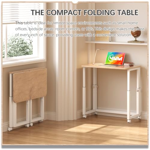 4NM Cloud Oak 27.5-inch Foldable Portable Desk with Wheels - Space-Saving Home Office Table