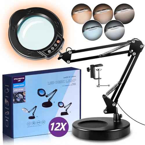 12X Magnifying Glass with Light and Stand, 5 Color Modes 10 Stepless Dimmable, Real Glass 84 LED Lighted Magnifying Glass with Swing Arm, Magnifying Lamp for Crafts Reading Painting Sewing Close Work