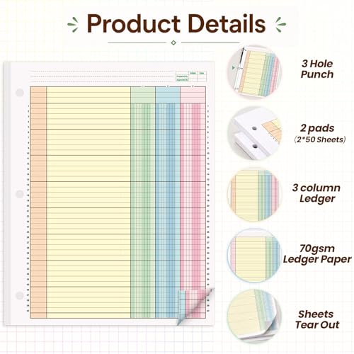 gisgfim 2 Packs 100 Sheets Columnar Analysis Pad 3-Column Colorful, 8.5 x 11, 3-Hole Punch Ledger
