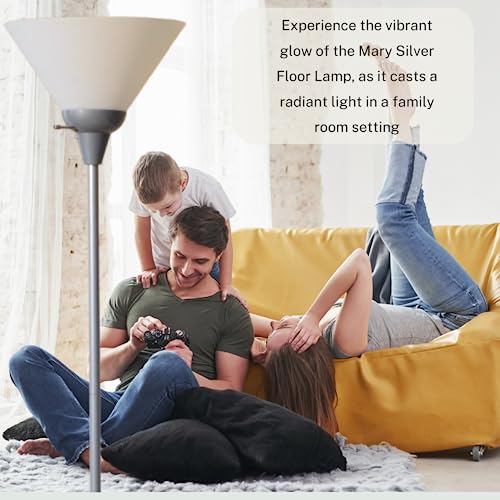 LIGHTACCENTS Mary Torchiere Floor Lamp ? Silver Standing Lamp with White Shade and Rotary Switch, Modern Pole Light for Living Room, Bedroom, Office, or Dorm ? Slim Minimalist Design