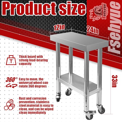 Stainless Steel 24x12x33in Prep Table with 320 lb Top Load, 4 Caster Wheels