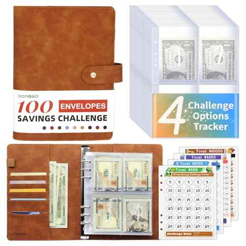 100 Envelopes Money Saving Challenge Binder, A5 Budget Binder with Envelopes and Challenge Tracker, Savings Challenges Planner Book to Save $500, $1000, $5050, $10000 (Brown)