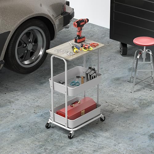 Simple Houseware 2-Tier Rolling Utility Cart with Lockable Wheels and Wood Top, Metal Storage Organizer Trolley for Kitchen, Bathroom, Office, Craft Room, Maple