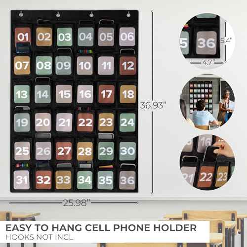 Premium Cell Phone Holder for Classroom - Durable Pocket Chart with 36 Numbered Slots & Hooks - The Perfect Hanging Chart for Phones, Calculators and Headphones Fits Nicely with Any School Decor