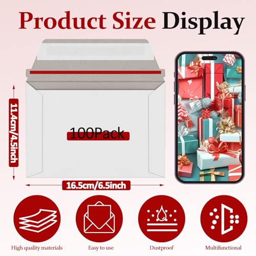 100 Pack Rigid Mailers 4.5x6.5 Inch Self Seal Document Mailers, Protective Flat Cardboard Sturdy White Photography Envelopes for Photos, Document, Coins, Stamps