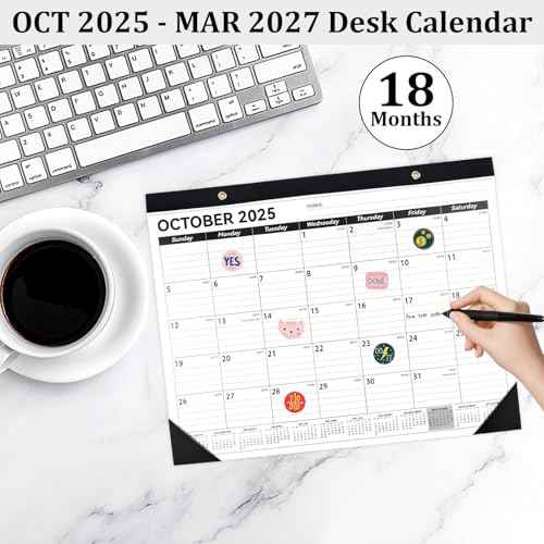 Desk Calendar 2025-2026, 14" X 11" Desktop Calendar 2025-2026, 18 Months Calander Runs from Oct. 2025 to Mar. 2027, Academic Monthly Planner for Home School Office (White and Black)