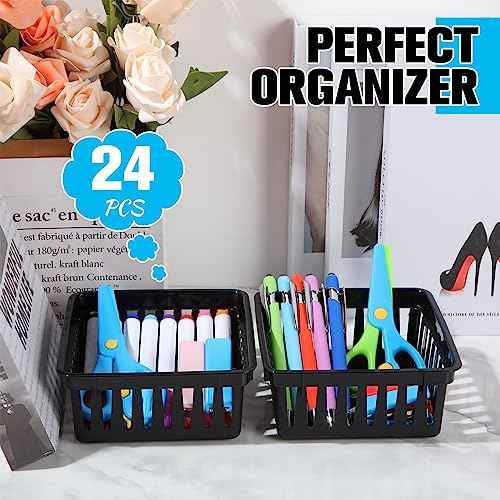 Tatuo 24 Pcs Classroom Small Plastic Baskets Bulk Storage Baskets for Organizing Crayon Pencil Containers Organizer Bins for Back to School Gift Office Desk Drawer Home, 5.31 x 5.31 x 2.44 Inch(Black)