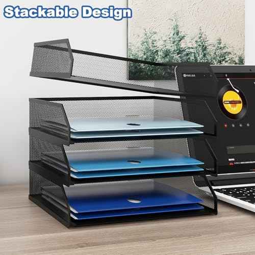 Natwind 4-Tier Stackable Paper Tray, Metal Mesh Desktop Organizer, A4 Paper Sorter, Letter Trays,File Folder Sorter Organizer with Sliding Tray for Home, Office, School (Black)