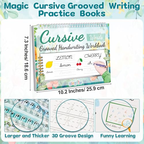 GISGFIM 4-Pack Grooved Cursive Handwriting Workbook Kit with Disappearing Ink Pens - Style 1 for Kids & Teens