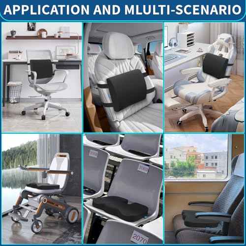 Memory Foam Seat Cushion & Lumbar Support Pillow for Office Chair Car Wheelchair Orthopedic Chair Pad and Back Cushion with Adjustable Straps for Lower Back, Tailbone, Sciatica, Hip Pain Relief