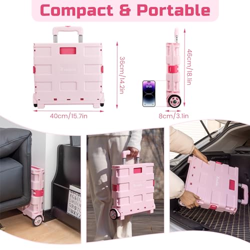 Foldable Rolling Cart on Noiseless Wheels: Portable Utility Cart for Grocery Books File Office (Pink)