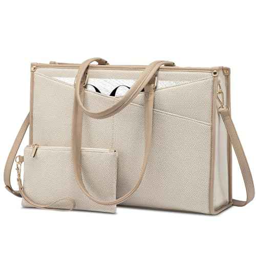 LOVEVOOK Laptop Bag for Women, 15.6 inch Laptop Tote Work Teacher Bags Cancas Computer Shoulder Bag,Canvas/Apricot Beige