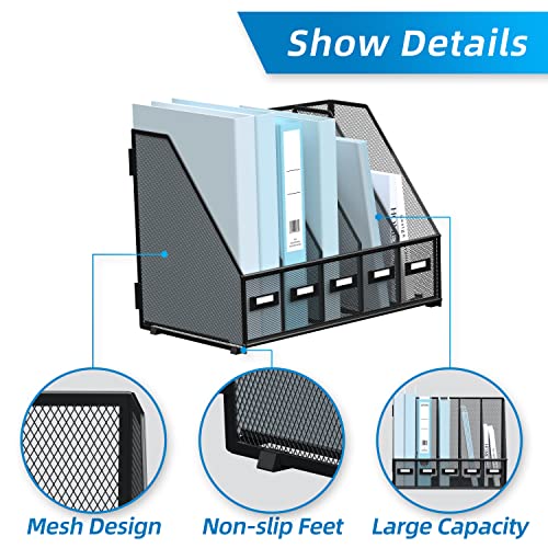 SUPEASY Small Black Metal Desk Organizer with 5 Vertical File Compartments