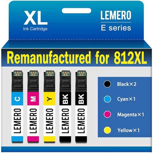 LEMERO Remanufactured for Epson 812XL Ink Cartridges Combo Pack Replacement for Epson 812 Ink Cartridges for Epson Workforce Pro WF-7840 WF-7820 WF-7310 Printer (5 Pack, 2 Black Cyan Yellow Magenta)