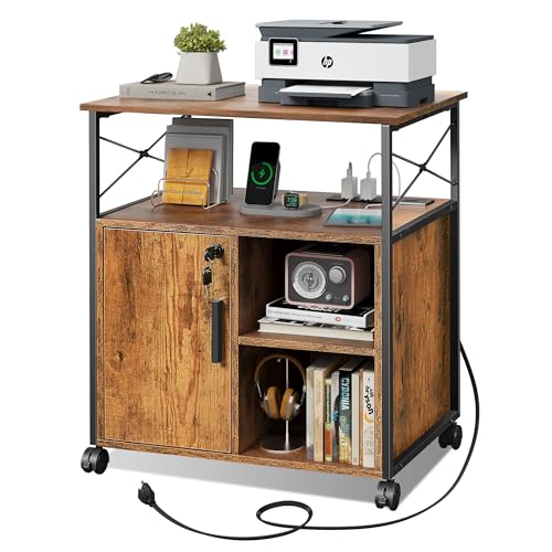 DEVAISE File Cabinet with Charging Station, Lockable Lateral Filing Cabinets for Home Office, Printer Cabinet Accommodates A4/Letter Size File folders, Rustic Brown