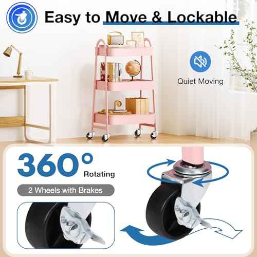 OLIXIS 3 Tier Utility Rolling Cart with Lockable Caster Wheels, Metal Mobile Storage Shelf, Organization for Livingroom, Bathroom, Kitchen, & Narrow Places, Clear Pink