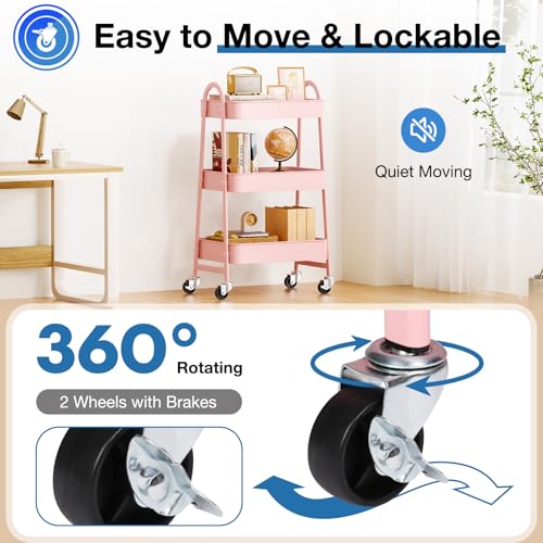 Pink 3-Tier Metal Rolling Storage Cart with Lockable Wheels - 17 Inch