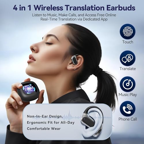 AI Translation Earbuds Real-Time, Wireless Earbuds 144 Languages & Accents, LCD Touch Screen Earbuds OWS Bluetooth Headphones Translator Earbuds for Travel Business Learning (Black)