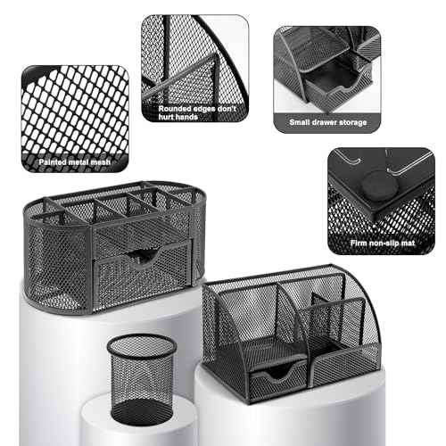 17 in 1 Black Desk Organizers and Accessories Set, 3 Office Desk Supplies Storage Organization, 4 Pens, Stapler, Staples & Remover, Tape & Dispenser, Scissors, Ruler, Clips, Hole Punch, Back to School