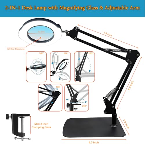 15X Magnifying Glass Desk Lamp with Metal Base, 5 Color Modes 10 Levels Adjustable Brightness, 360¡Æ Rotatable Flexible Aluminum Arms ? Ideal for Reading, Crafting, Close Work, Eye-Caring Table Lamp