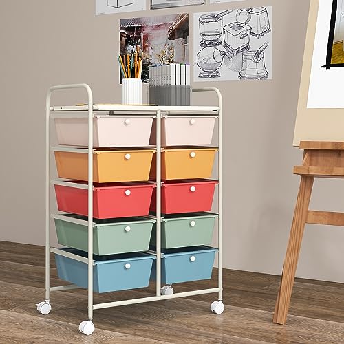 GOFLAME 10-Drawer Rolling Storage Cart, Macaron Color - 26 x 14.5 x 34 in, Locking Wheels