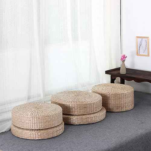 HEALLILY Hand-Woven Round Yoga Seat Cushion - 15 Inch Straw Floor Cushion for Meditation Sitting on Floor and Relaxation