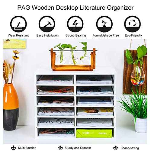 PAG Countertop Mail Sorter Organizer, Wooden Literature Organizer, Student Mailbox for Classroom, Desktop Bill Organizer for Office Home School, 12 Compartments, White