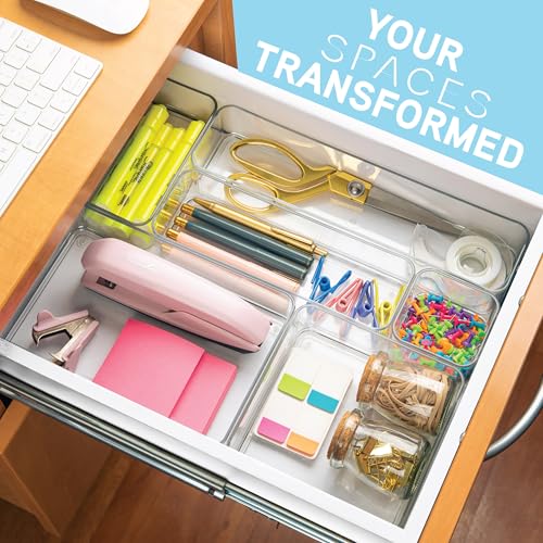 Primebox Clear Plastic Drawer Organizer Bins Set of 6, 9 x 6 x 2 Inches