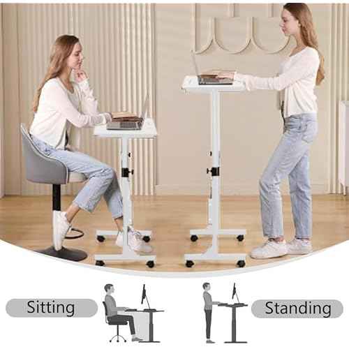 Portable Standing Desk, Adjustable Height 27.5"-43.3", Small Rolling Desk with Lockable Wheels, Foldable Computer Desk for Home Office, Space-Saving Laptop Table, White