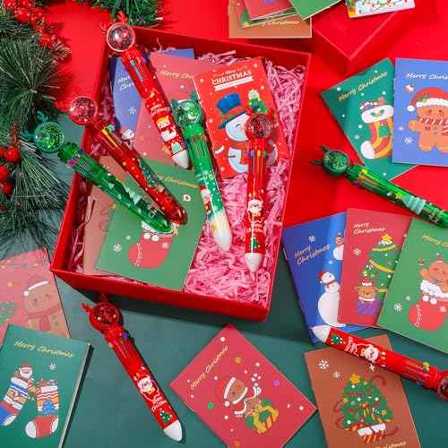 Tenceur 60 Pcs Christmas Mini Notebook Bulk and 60 Pcs 10 in 1 Christmas Ballpoint Pens Set Multicolor Ballpoint Pens for Christmas Student Teacher Bulk Gifts Party Favors