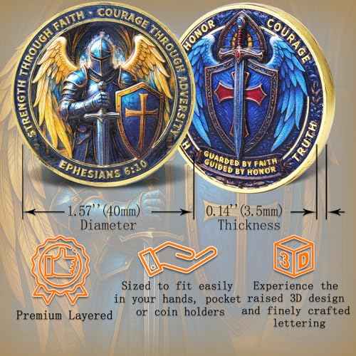 Christian Knight Challenge Coin Faith, Courage & Strength Armor of God Ephesians 6:10 Guardian Angel Warrior Shield and Sword Coin for Men and Women (Angel Knight-5 PCS)