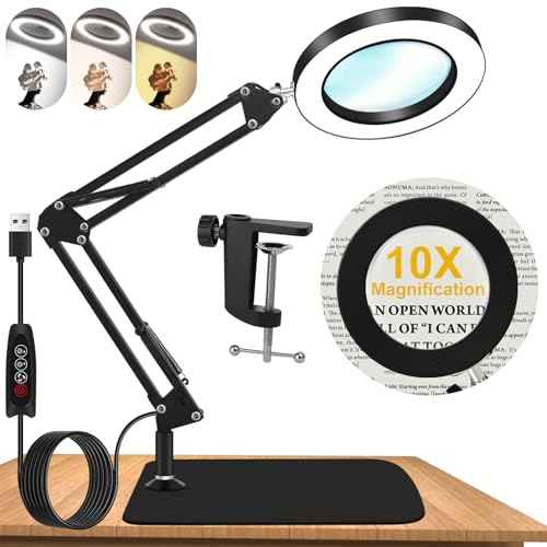 10X Magnifying Glass with Light and Stand, Dimmer Adjustable Swing Arm 2-in-1 Desk Lamp and Clamp, LED Lighted Desk Magnifier with Light for Craft Reading Repair Painting Close Work