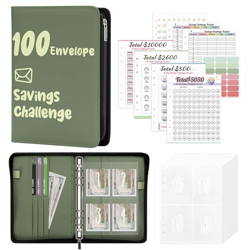 Green Leather Money Saving Challenge Binder with Envelopes - 52 Weeks Budget Planner
