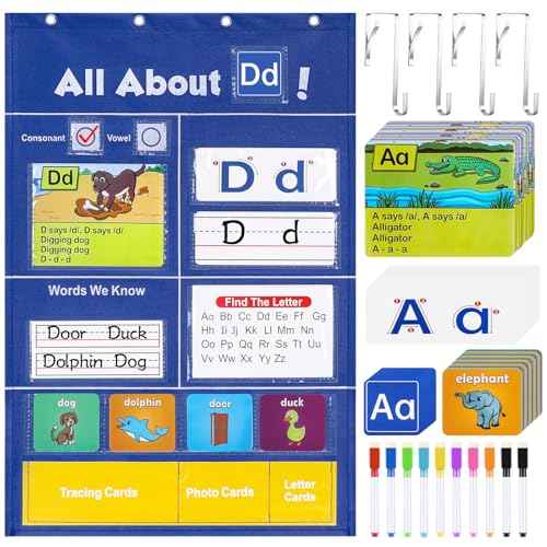 Meetory Alphabet Learning Pocket Chart - Alphabet Wall Chart ABC Flash Cards Learning Material, Handwriting Practice Letter Tracing Homeschool Preschool Kindergarten Learning Activities Must Haves