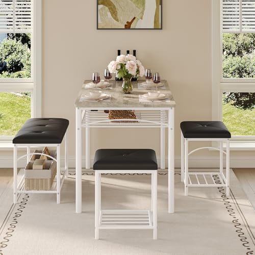 Garvee White Dining Table Set for 4 with Upholstered Bench, 2 Stools + Storage Rack
