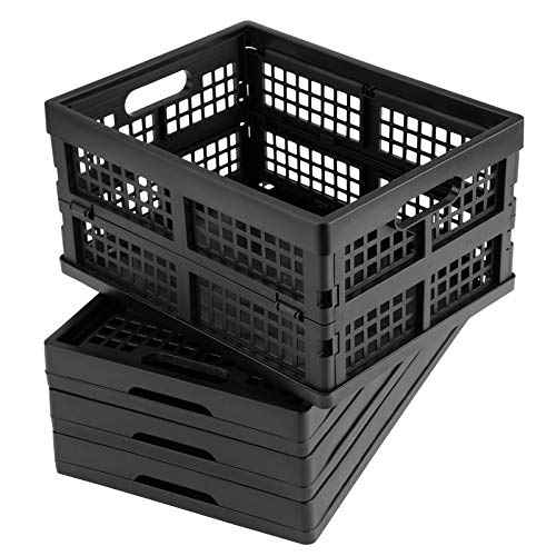 16L Plastic Collapsible Storage Crates,Folding Crates Storage,Pack of 4,Black