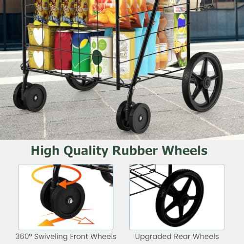 Byroce Folding Shopping Cart, Jumbo Grocery Cart on Wheels w/Double Basket, Portable Handle & Rolling Swivel Wheels, Heavy Duty Utility Cart for Groceries Laundry Book Travel Luggage (Black)