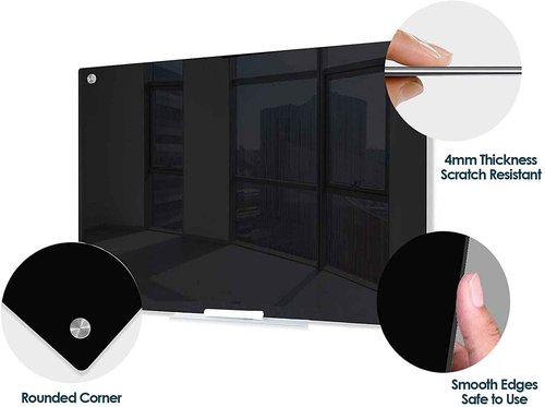 J&J worldwide Glass Whiteboard 23" x 35", Magnetic Black Glass Dry Erase Board, Black White Board Frameless, Includes Markers, Magnets, Marker Tray, Eraser for Wall, Office, Home, School