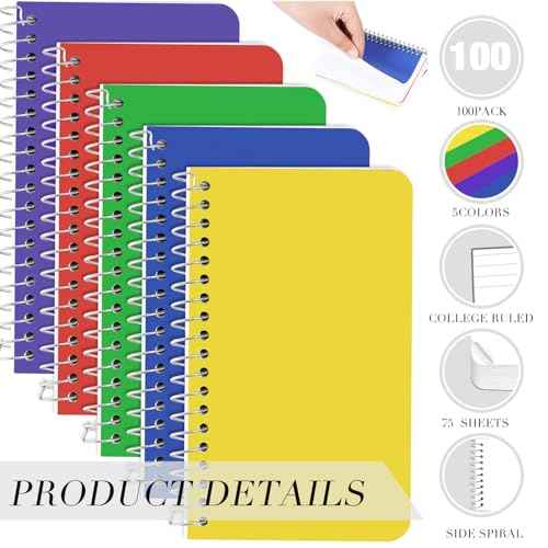 Leinuosen 100 Pack Mini Spiral Notebooks 3'' x 5'' Bulk Small Pocket Memo Pad 75 Sheets for College Ruled Office Home Business Work(Bright,Side Spiral)