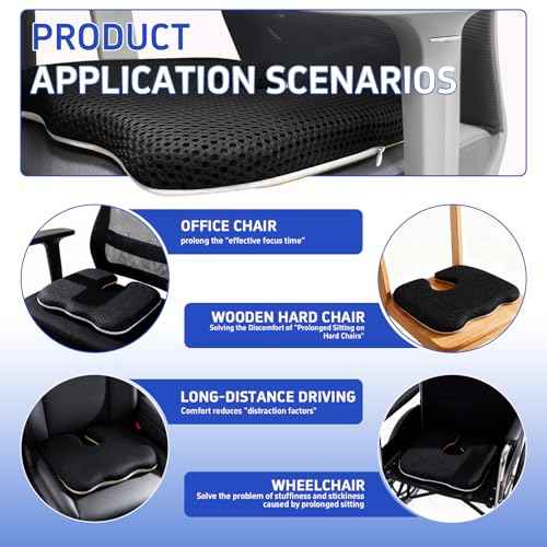 Gooo&Ma Ergonomic Seat Cushion with Air Fiber Core, Office Chair Cushion with Washable Cover & Non-Slip Base for Pressure Relief, Comfort for Long Sitting, Driving, Gaming(Black)