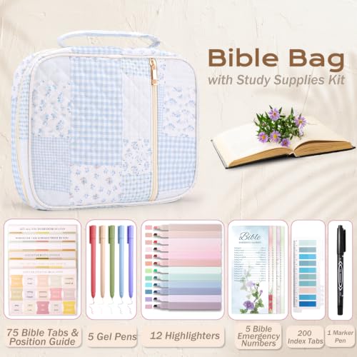 Blue Patchwork Bible Cover Case for Women with Study Supplies - XKDOUS