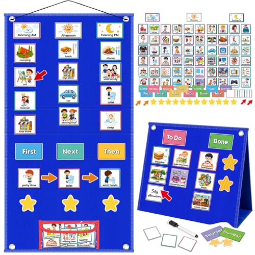 ALSLEA Blue Wider Version Visual Schedule for Kids Autism Daily Routine & Chore Chart with 124 Cards