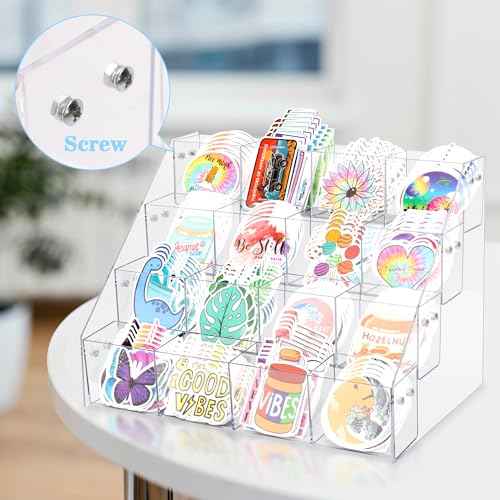 Sticker Display Stand for Vendors - 4 Tier 16 Pockets Acrylic Sticker Holder Display For 4'' Large Stickers, Sticker Organizer Shelf Ideal for Small Business Supplier Events and Trade Shows