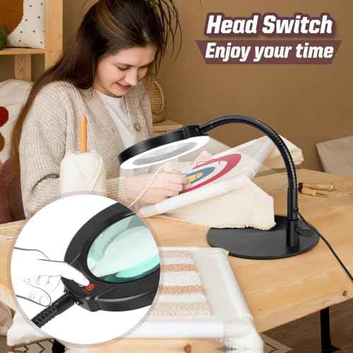 10X Magnifying Glass with Light and Stand, 5 Color Modes Stepless Dimmable LED Lighted Desk Lamp, Hands Free Flexible Gooseneck Magnifier with Light for Craft Hobby Painting Sewing Close Work