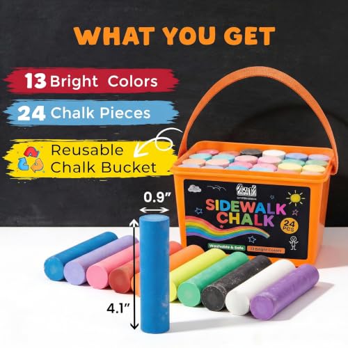 24 Pack Kids Sidewalk Chalk - 13 Bright Colors, Washable & Non-Toxic