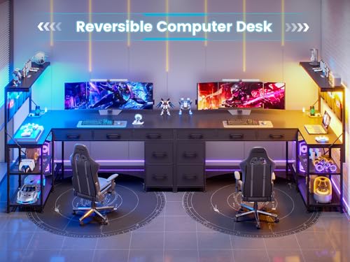 SEDETA Black Reversible L-Shaped Gaming Desk with LED Lights & Storage