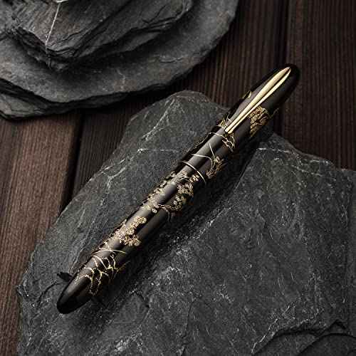 HONG DIAN Hongdian N23 Black Rabbit Fountain Pen, Long Blade Medium Nib Gold Trim, New Year Lucky Rabbit Carving Design, Smooth Writing Pen with Converter and Metal Pen Box Set