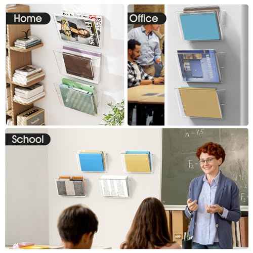 MaxGear Acrylic Wall File Organizer 6 Pockets Hanging Paper Holder Clear Wall Bins for School, Office and Home, 13x4x7 inches