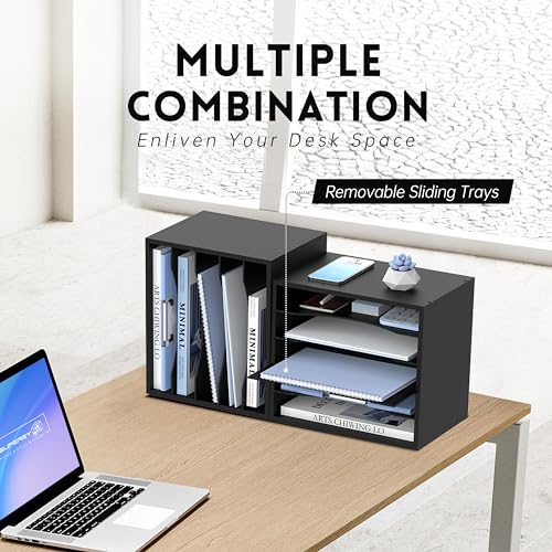 SUPEASY 5-Tier Black Wood Desk Organizer – 13.4 x 9.1 x 12 Inches, Multi-Compartment Paper & Mail Sorter